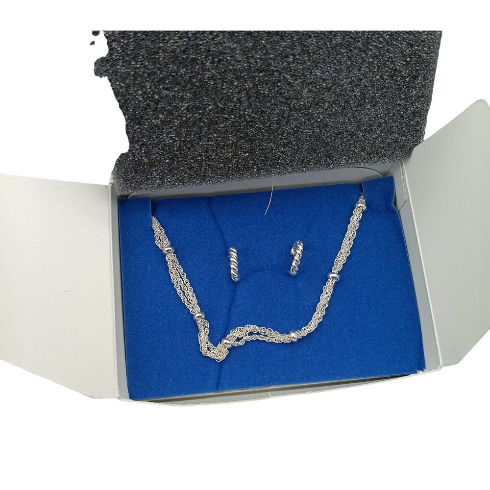 Vintage Avon Silver-Tone Twisted Rope Multi Chain Necklace & Earrings Gift Set